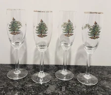 Spode Christmas Tree Champagne Flutes 4 Set Holiday Wine Glass Sku6