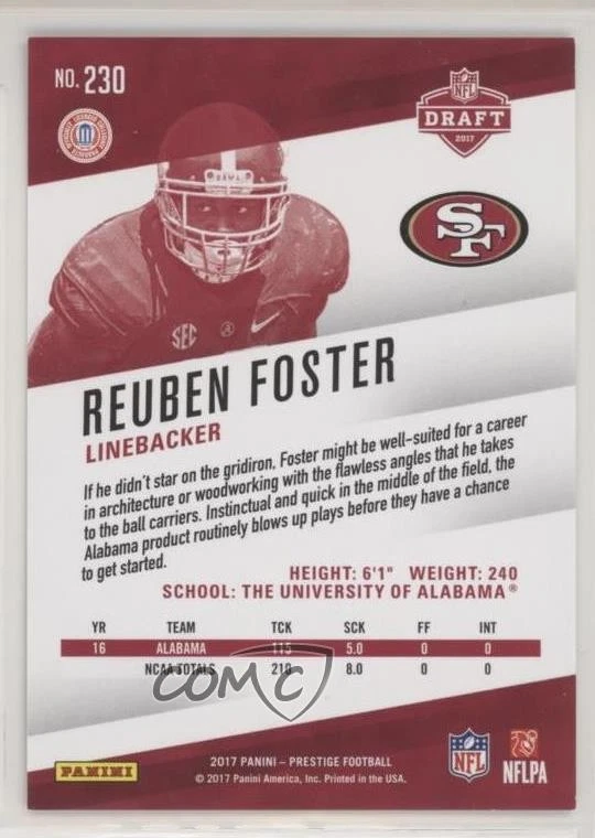 2017 Panini Prestige Rookie Xtra Points Gold /50 Reuben Foster #230 Rookie RC - Image 2 of 2