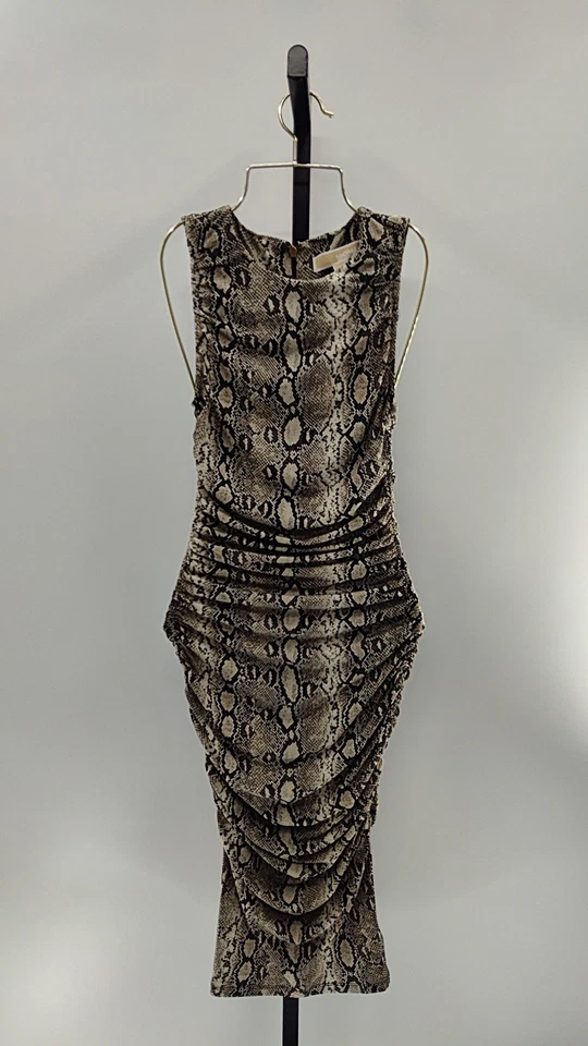 Michael Kors Printed Long Sleeve Ruched Midi Sheath Dress XS
