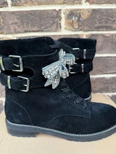 New Kurt Geiger Sutton Bow Rhinestone Embellish Suede Combat Boot Black 40.5/9.5