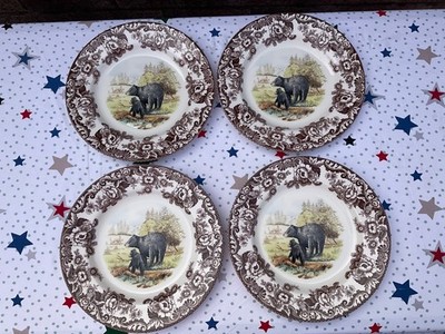SPODE WOODLAND SPEISETELLER BLACK BEAR SET X 4 NEU UNBENUTZT ENGLAND STOKE TRENT