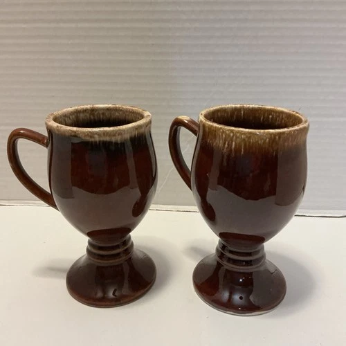 Pair of Vintage Hull Pottery Brown Drip Glaze Irish Coffee Pedestal Mugs