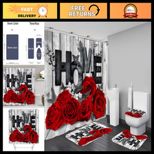 Romantic Red Rose 4-Piece Shower Curtain Set with Non-Slip Rugs  Toilet Cover -