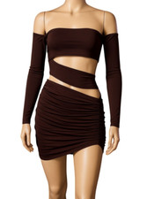 Chocolate Slinky Cut Out Bodycon Mini Dress Size 4 Bardot Y2K Baddie Clubwear