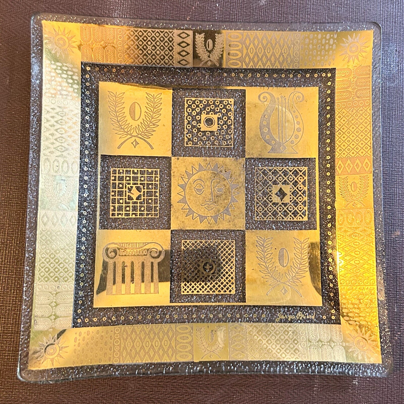 Mid Century MCM Georges Briard Square Bent Glass Dish Gold Sun Lyre Motif