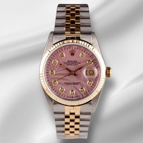 Rolex Datejust 36mm YellowGold Fluted Pink Palm Diamond Dial J...