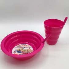 Kids Cup  Bowl Breakfast Set Sip A Bowl Pink Set of 2 Built In Straw Cereal