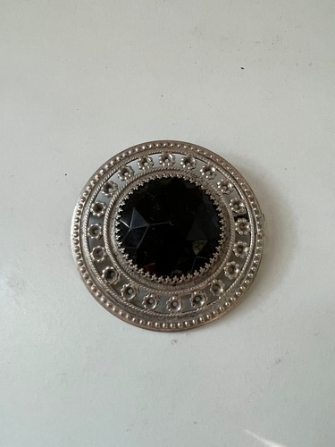 Broche Ancienne Paysage Sous Verre - Métal Argenté Peint à La Main, Vintage