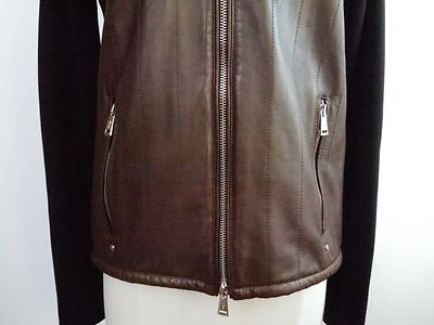 NEW RALPH LAUREN Black Label brown leather black knit zip front