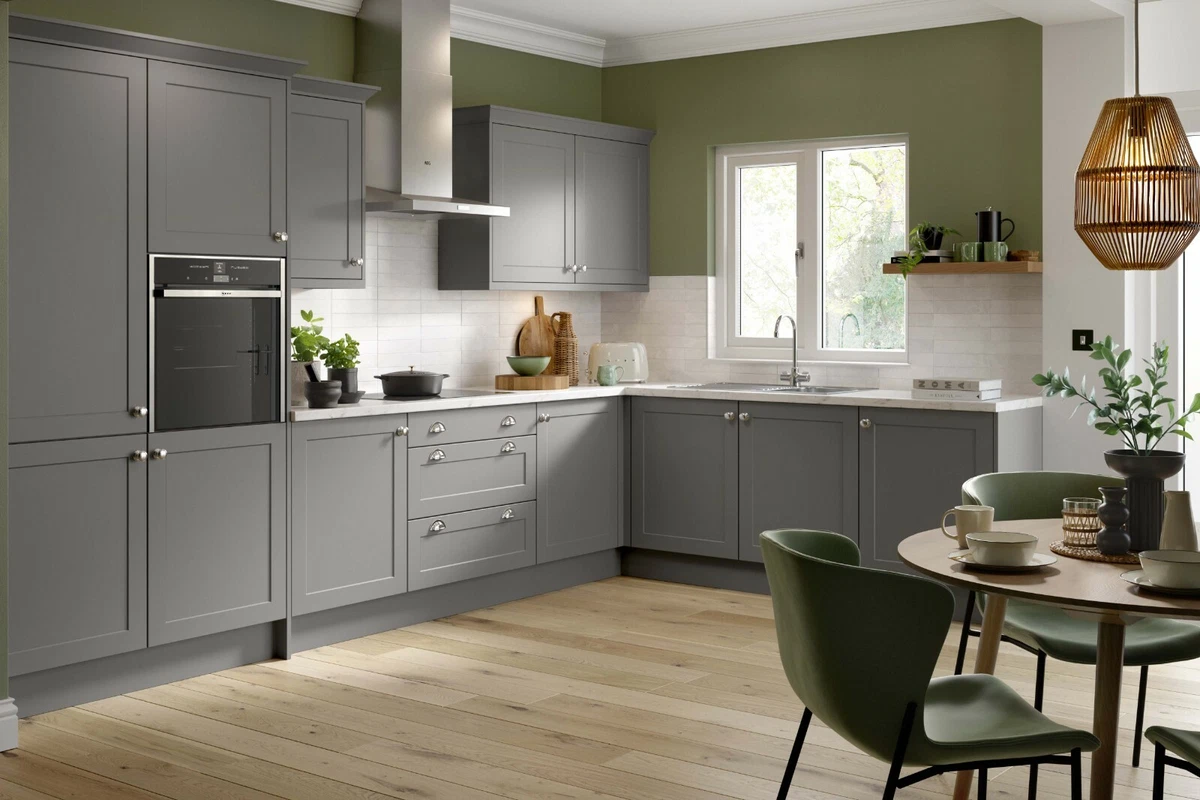 Complete Kitchen Units Shaker Dust Grey Door On White Clicbox Units Soft Close