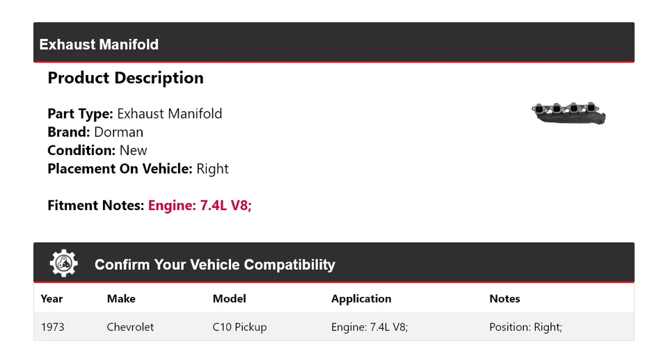 Colector de escape derecho Chevrolet C10 1973 camioneta 7,4 L V8 Dorman Foto 2 de 4