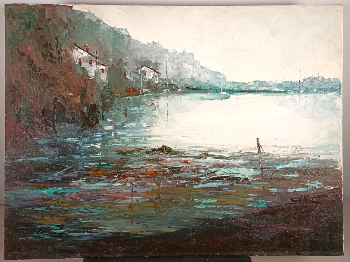 Vintage Impressionist Oil Painting Landscape with Sailboats