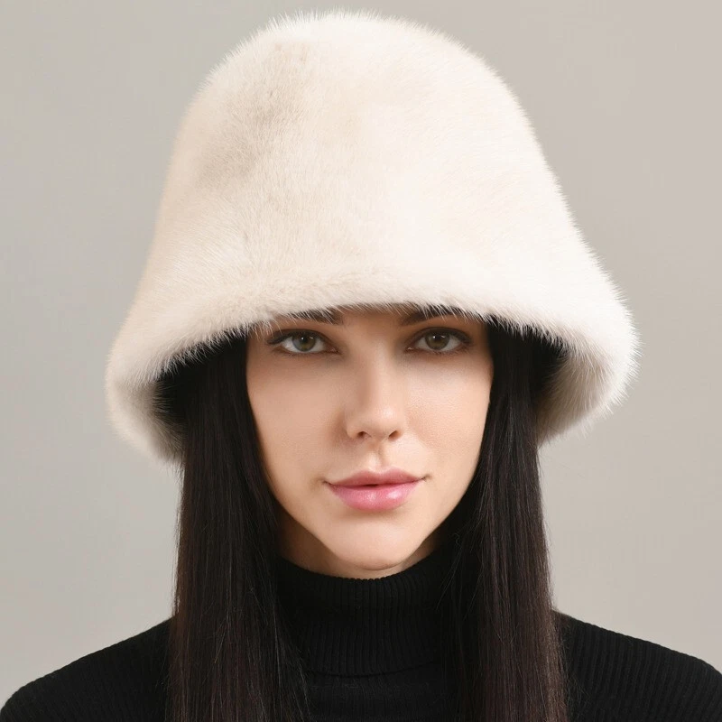 Sombrero de piel de visón de piel entera real para mujer Sombrero de cubo Sombrero de bombín Gorros Gorra Foto 3 de 4