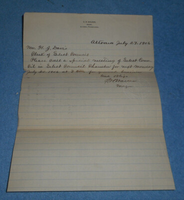 1906 Altoona PA Letter Hand Written By Mayor S H Walker Call For Special Meeting