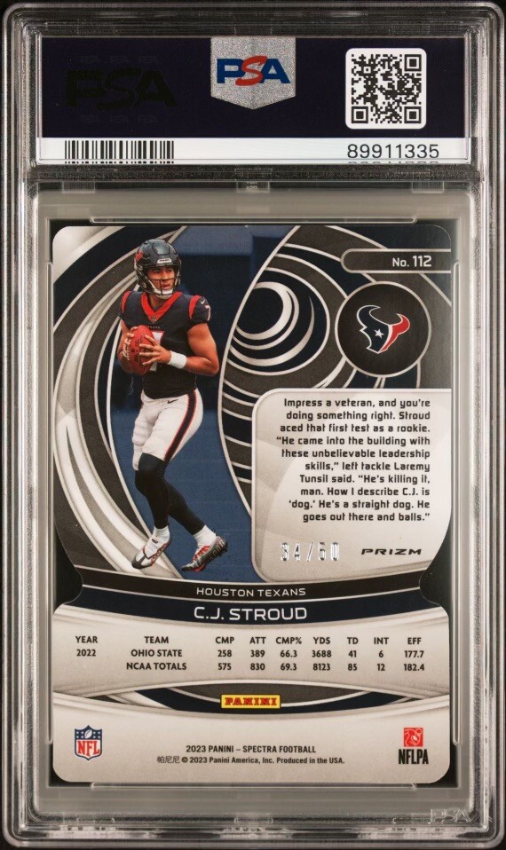 2023 Panini Spectra C.J. Stroud 34/50 Neon Blue Die-Cut PSA 8 One Pop Highest view 2