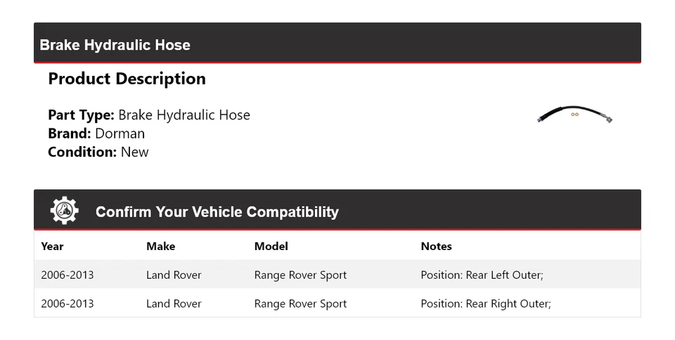 适用于 2006 - 2013 路虎揽胜 Sport Dorman 制动液压软管 2007 2008 — 第 2/4 张图片