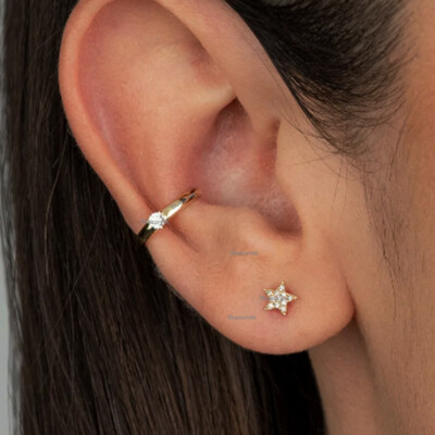 14k Yellow Gold Solitaire Natural Diamond Mini Fake Piercing Cuff