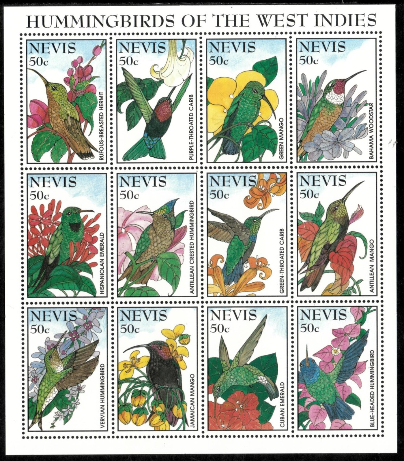 Nevis 1995 - Hummingbirds - Sheet of 12 Stamps - Scott #900 - MNH