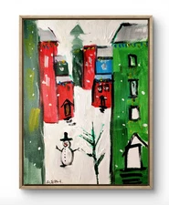Original Art Winter Row 14x11 Colorful Modern Art Christmas Painting on Canvas