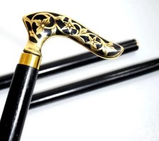 Derby Style Walking Stick Floral Gold Line Wooden Spiral Cane With Rubber Tip