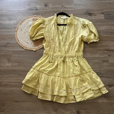 MABLE Mini Ruffle Lime Yellow Boho Cocktail Cottagecore Fit & Flare Dress