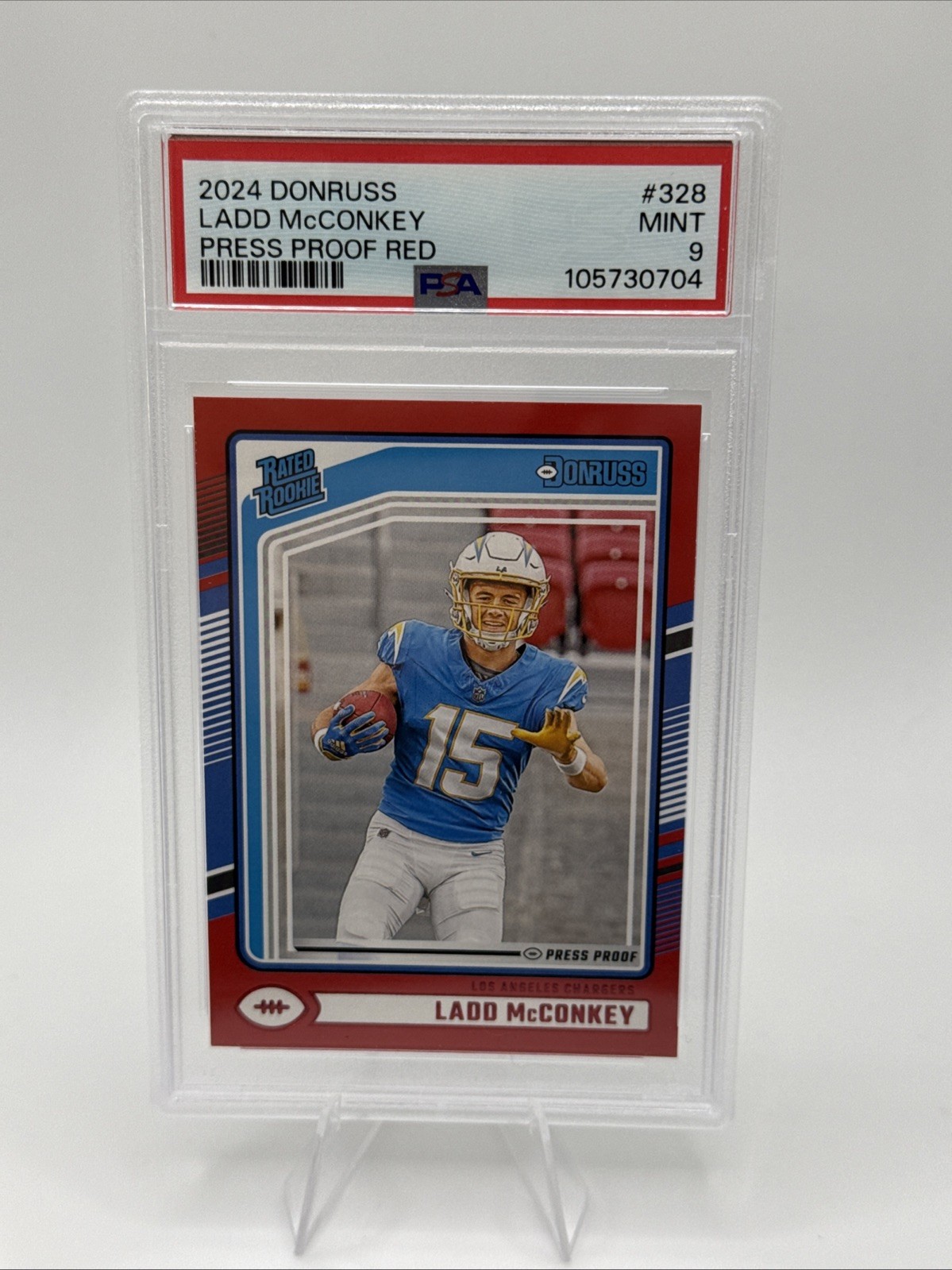 2024 Panini Donruss - Rated Rookie Red Press Proof #328 Ladd McConkey (RC) PSA 9