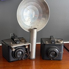 2 Kodak Brownie Box Camera Lot w/ Service Flash Unit Six-20 Vintage