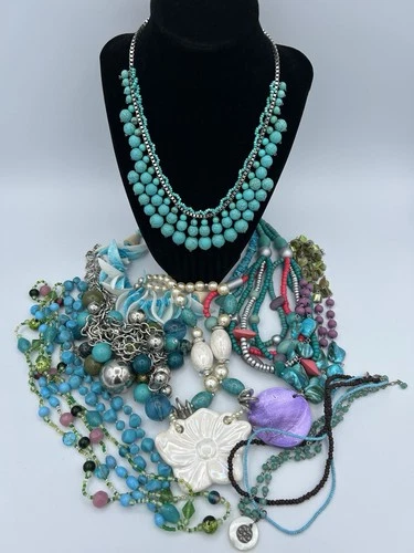 Lot Of 9 Vintage Faux Turquoise Costume Jewelry Necklaces Signed & Unsigned