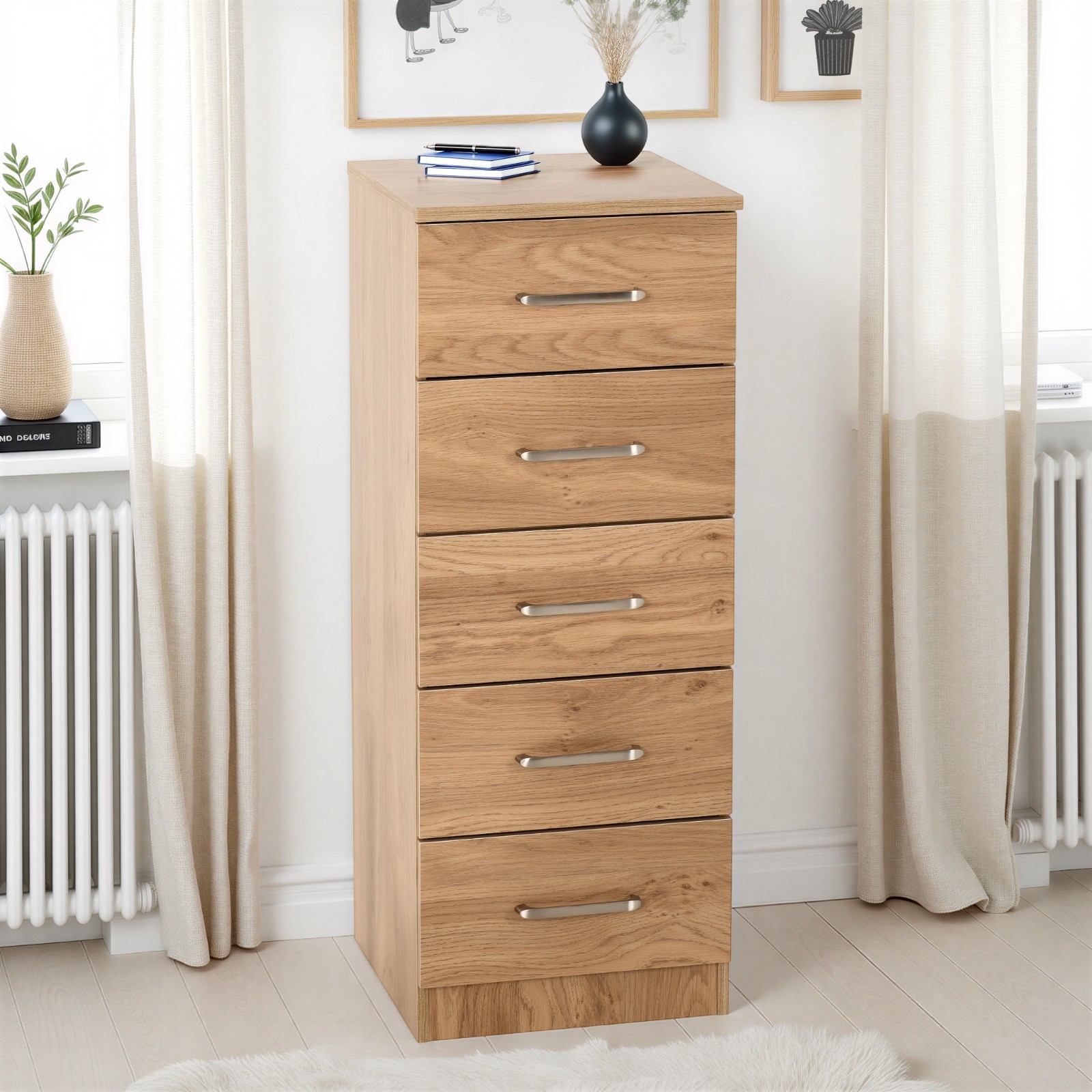Seconique Dakota 5 Drawer Narrow Chest Of Drawers Oak Effect - Image 2