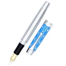 Blue Stainless Steel Fountain Pen Medium Nib with Converter Pen Box Set Gift