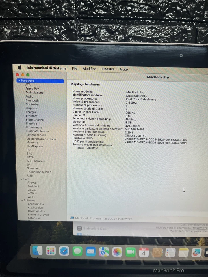 Apple MacBook Pro A1278 13p (Intel I5 8gb Ram Ssd 480gb) Mac Os SONOMA - Immagine 4 di 4