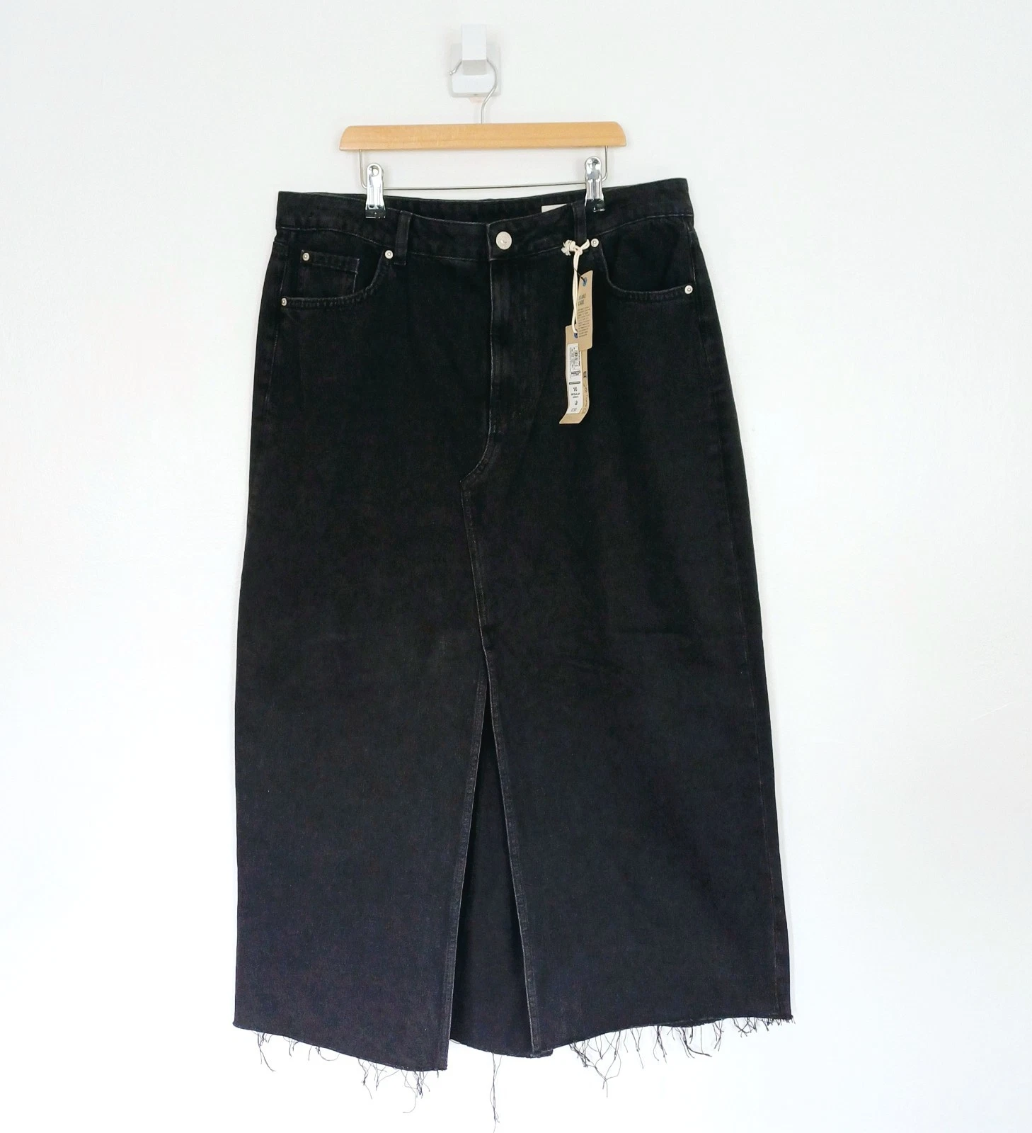 Marks And Spencer Denim Skirt Size 16 Womens Black Denim Slit Straight Raw Hem