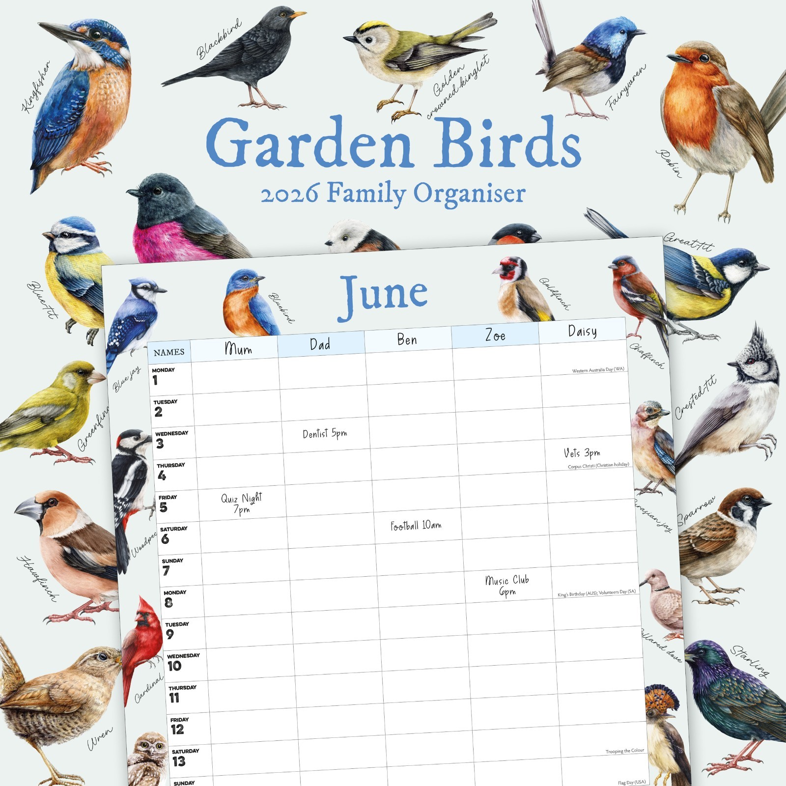 Garden Birds Illustrated Family Organiser 2026 Square Wall Calendar