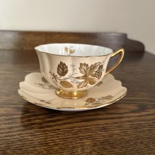 Vtg Shelley Gold & Peach Peony Tea cup & saucer Set. Gold Flowers,rims & Handle.