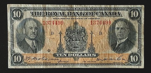 1935 THE ROYAL BANK OF CANADA $10 BANKNOTE, LARGE SIGNATURES, CIRCULATED - Afbeelding 1 van 2