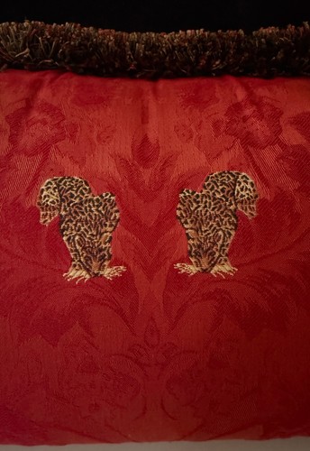 High End Designer Red Damask Throw Pillow with TIgers and Brush Trim ZZ574 - Picture 4 of 7