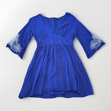 Lulus Womens Isles Short Dress Embroidered Bell Sleeve V Neck Navy Blue Sz Small