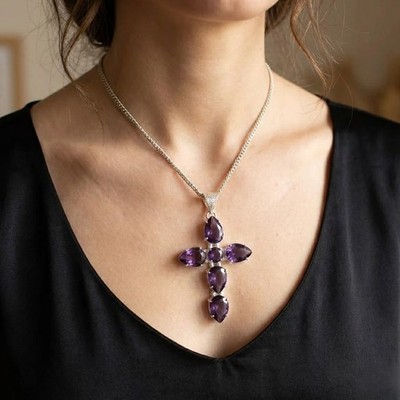 Elegant Purple Amethyst Cross Pendant Necklace Sterling Silver 45-50Ct