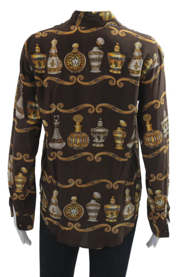 Блузка на пуговицах женская Lord & Taylor шелковая с воротником графическая коричневая размер 4 - Изображение 3 из 4