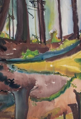 Gerhard Schulte-Dahling Wald See Bäume Expressionismus Aquarell - Bild 1 von 3