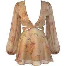SHEIN Women Yellow Floral Mesh Cutout Romper Long Puff Sleeve Size 2 XS