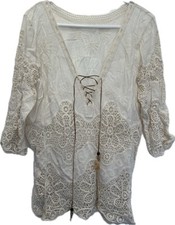 Boho Cream Floral Lace Up Neckline Top Blouse Size S/ M