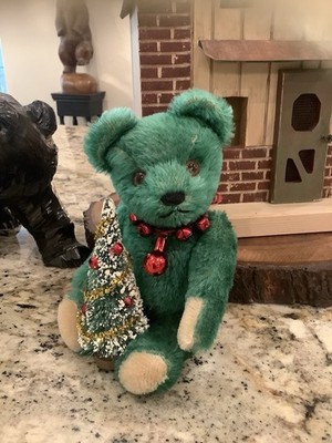 Vintage German Grisly Green Mohair Teddy Bear w/ Christmas Tree - 8-1/2'' Tall