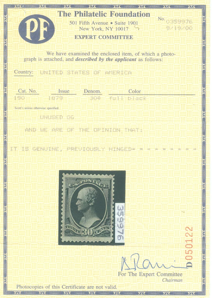 US 1879  Hamilton  30c black  Scott # 190  mint MLH  VF-XF w/Cert. - Image 3 of 4