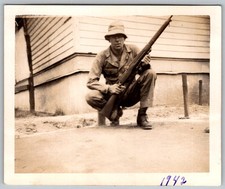 Vtg B W Snapshot Soldier Crouching With Rifle WWII Military Uniform 1942