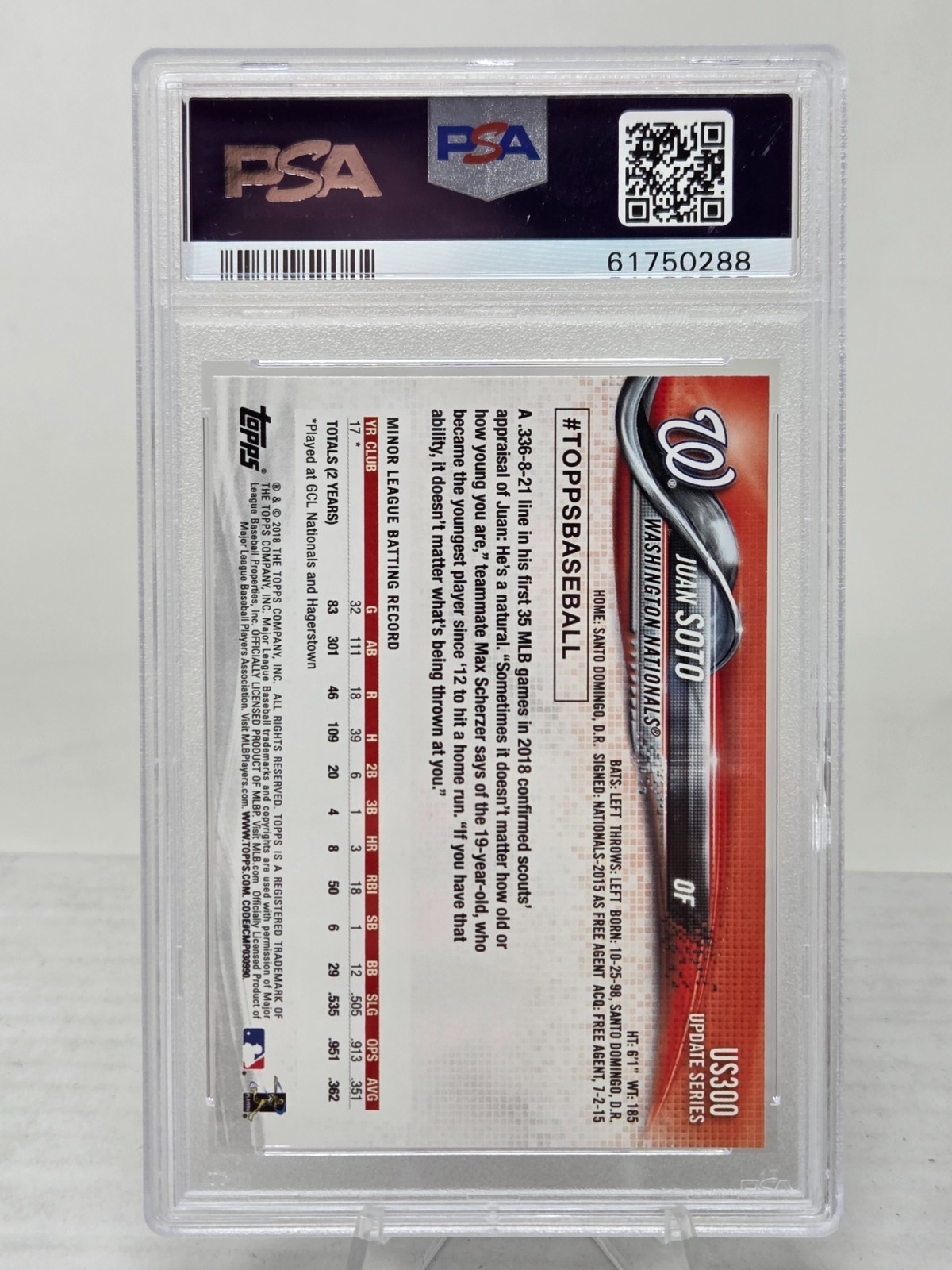 2018 Topps Update JUAN SOTO Rookie Card PSA 10 Gem Mint view 2