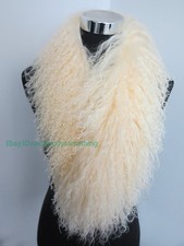 100 Real Mongolian Lamb Fur Scarf with Clip / Collar/ Beige Wrap /women Cape