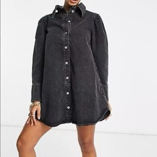 ASOS Denim Puff Sleeve Shirt Dress Women’s US 8 in Washed Black Button Front NWT