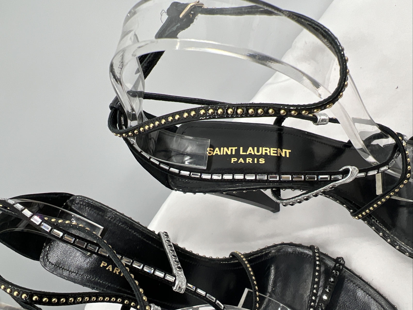 Sandali neri Yves Saint Laurent donna tacco a cono con pietre d'argento taglia 39 5