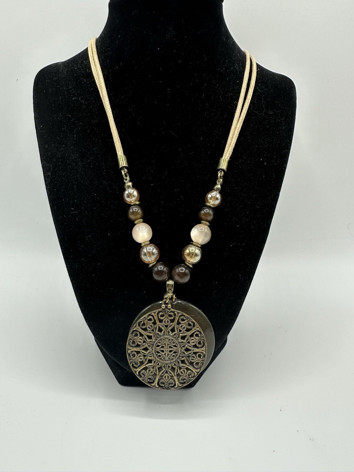 Brown Cats Eye Glass Beaded Corded Pendant Necklace